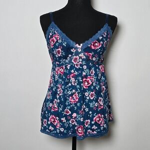 Laura Ashley Blue Floral Cami with Lace Size Medium